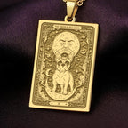 An heirloom-quality 14K solid gold French Bulldog tarot pendant. The art shows the Frenchie under a moon-face, symbolizing its comical spirit, a precious dog mom gift.