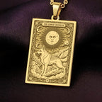 An heirloom-quality 14K solid gold German Shepherd tarot pendant. The art shows the noble dog in a "Sun" card, symbolizing a bright spirit, a precious dog mom gift.
