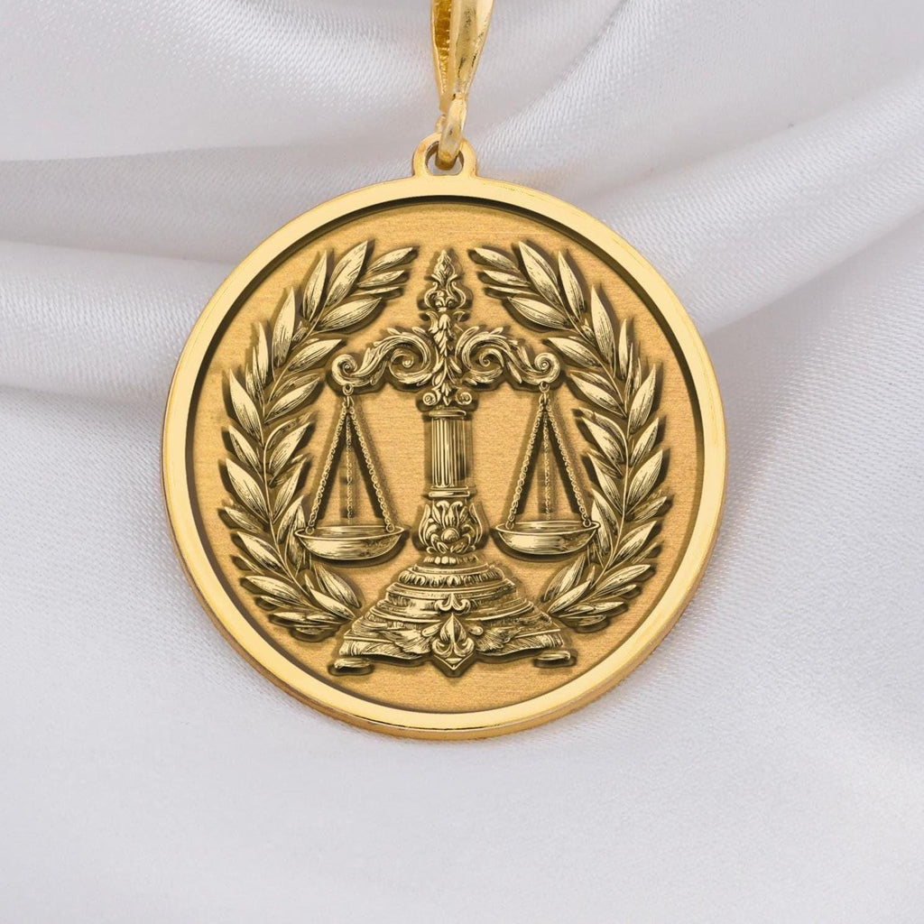 14K solid gold Scales of Justice Necklace, personalized with initials or date. Perfect lawyer gift, symbolizes justice, law, balance, equality. Ideal for lawyers, judges, advocates, law school graduates, and Libra zodiac. Custom legal jewelry.