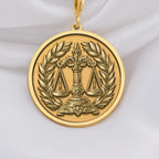 14K solid gold Scales of Justice Necklace, personalized with initials or date. Perfect lawyer gift, symbolizes justice, law, balance, equality. Ideal for lawyers, judges, advocates, law school graduates, and Libra zodiac. Custom legal jewelry.