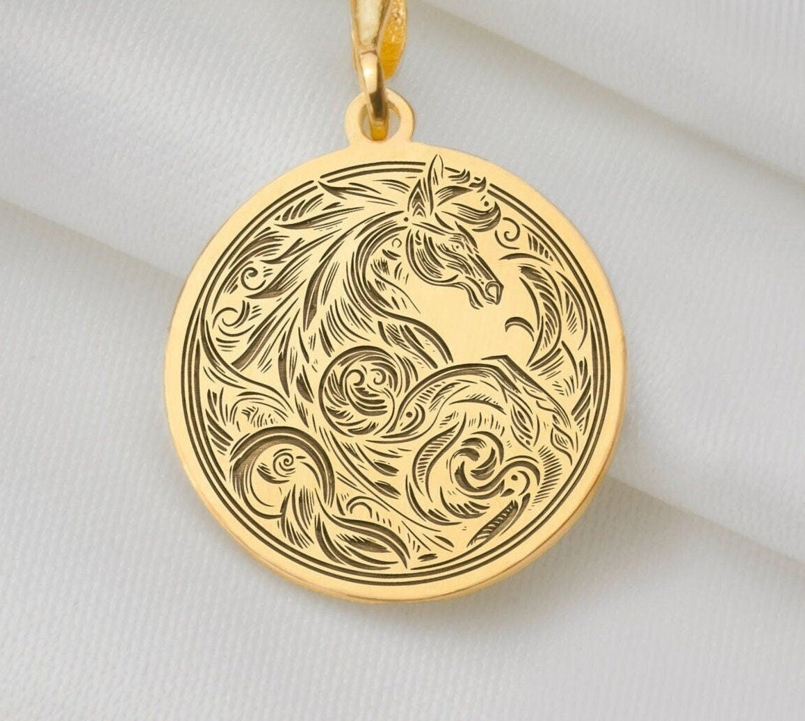 Line Art Horse Stallion Pendant Necklaces 14K 14K Gold Plated round pendant with ornate horse head and scrollwork design necklace