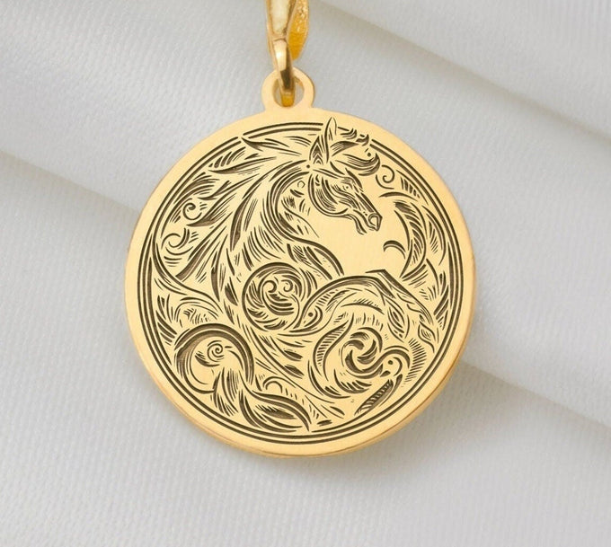 Line Art Horse Stallion Pendant Necklaces 14K 14K Gold Plated round pendant with ornate horse head and scrollwork design necklace