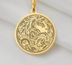 Line Art Horse Stallion Pendant Necklaces 14K 14K Gold Plated round pendant with ornate horse head and scrollwork design necklace