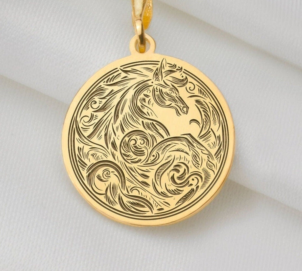 14K Solid Gold Line Art Horse Charm Necklace, Stallion Silver Pendant, Rose Gold Mustang Necklace, Animal Jewelry, Fantastic Creature Charm