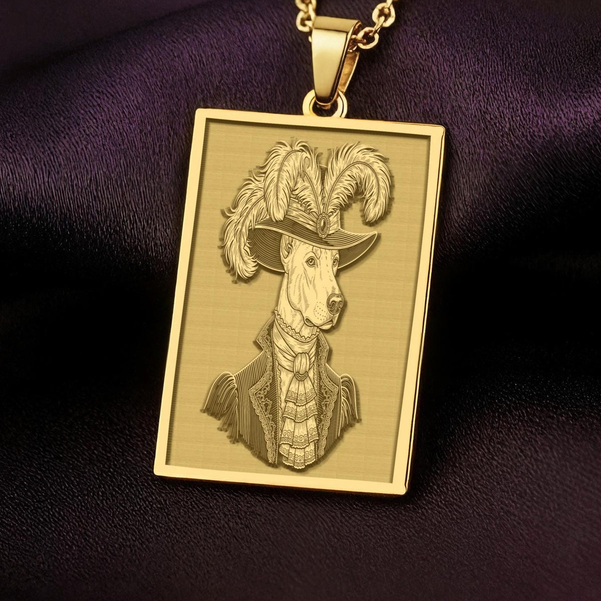 Product photo of a 14K Solid Gold Doberman necklace from the 'Victorian Pet Collection'. The engraved officer portrait is centered clearly on a rich purple satin background.