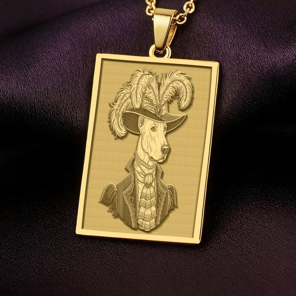 Product photo of a 14K Solid Gold Doberman necklace from the 'Victorian Pet Collection'. The engraved officer portrait is centered clearly on a rich purple satin background.