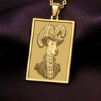 Product photo of a 14K Solid Gold Doberman necklace from the 'Victorian Pet Collection'. The engraved officer portrait is centered clearly on a rich purple satin background.