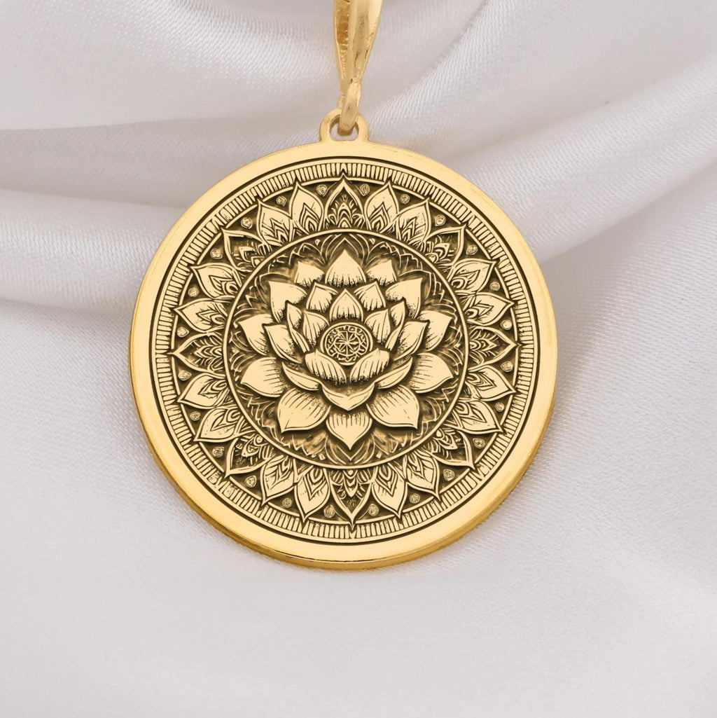 Lotus Mandala Spiritual Pendant Necklaces 14K 14K Gold Plated lotus flower pendant necklace with intricate detail.
