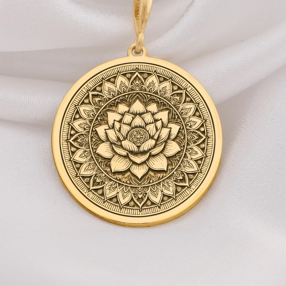 Lotus Mandala Spiritual Pendant Necklaces 14K 14K Gold Plated lotus flower pendant necklace with intricate detail.