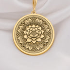 Lotus Mandala Spiritual Pendant Necklaces 14K 14K Gold Plated lotus flower pendant necklace with intricate detail.