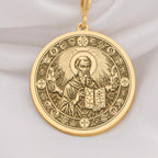 14K Solid Gold Saint Dionysius Areopagite Medallion featuring revered Orthodox saint with holy book and celestial halo surrounded by sacred crosses. Detailed religious talisman with Christian symbolism. Luxury Orthodox jewelry for divine protection.