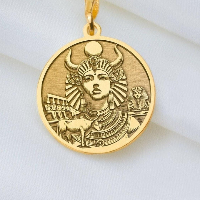 Hathor necklace, Egyptian jewelry, Goddess pendant, Gold Hathor charm, Egyptian goddess, daughter of Ra, Hathor gold necklace, Ancient Egypt charm, Gold goddess charm, Love goddess pendant, Fertility symbol charm, Hathor gold pendant.