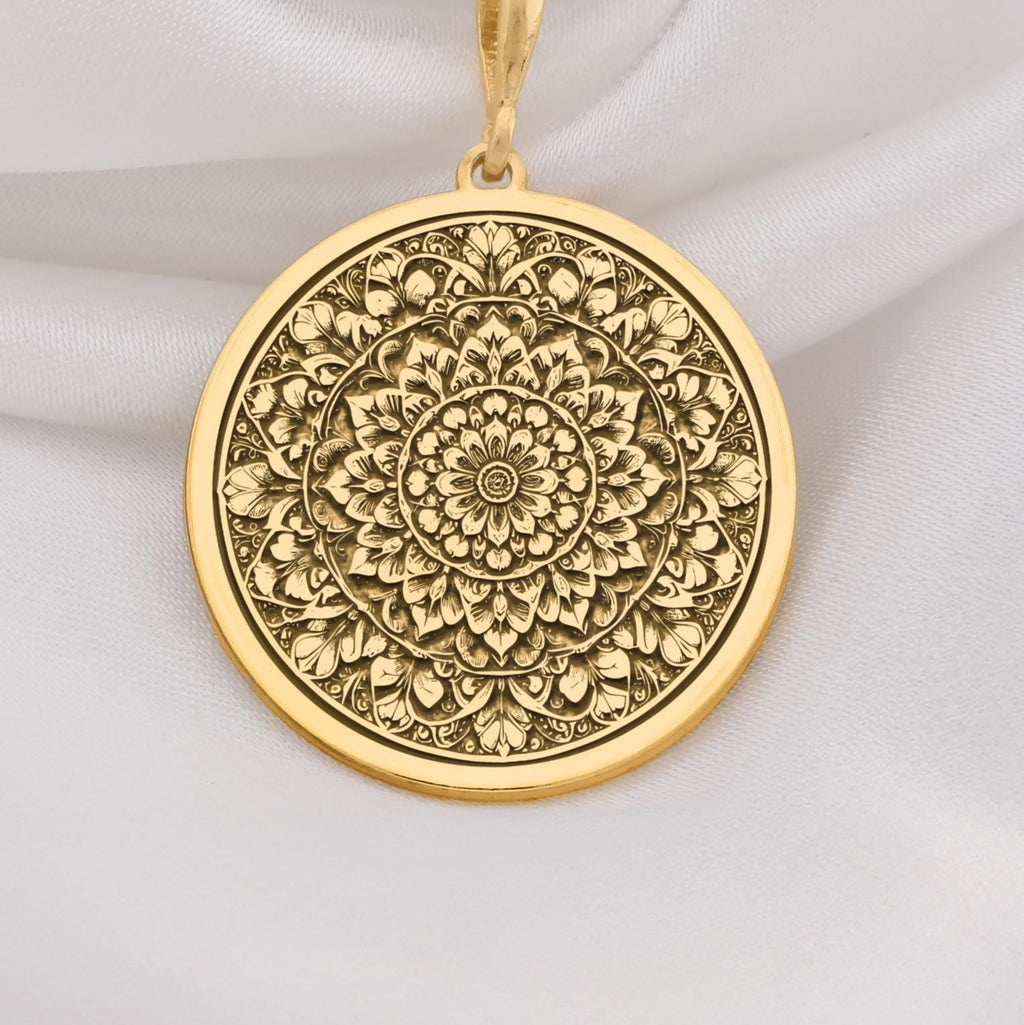 Mandala Sacred Geometry Medallion Pendant Necklaces 14K 14K Gold Plated round pendant necklace with intricate floral mandala design.