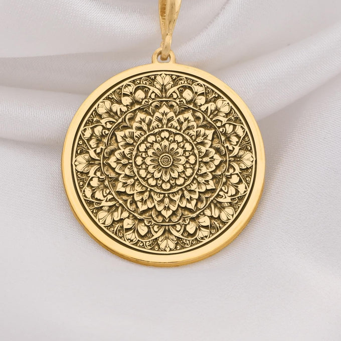 Mandala Sacred Geometry Medallion Pendant Necklaces 14K 14K Gold Plated round pendant necklace with intricate floral mandala design.