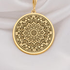 Mandala Sacred Geometry Medallion Pendant Necklaces 14K 14K Gold Plated round pendant necklace with intricate floral mandala design.