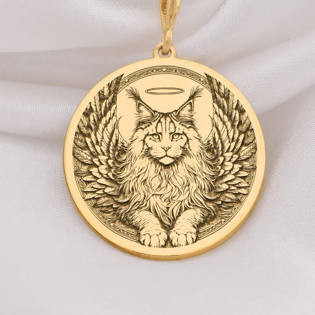 14K Solid Gold Maine Coon Angel Cat Medallion featuring majestic long haired breed with heavenly wings and halo. Detailed memorial talisman with fluffy coat, ornate feathers and peaceful expression.Maine Coon memorial jewelry gift.