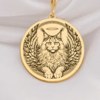 14K Solid Gold Maine Coon Angel Cat Medallion featuring majestic long haired breed with heavenly wings and halo. Detailed memorial talisman with fluffy coat, ornate feathers and peaceful expression.Maine Coon memorial jewelry gift.