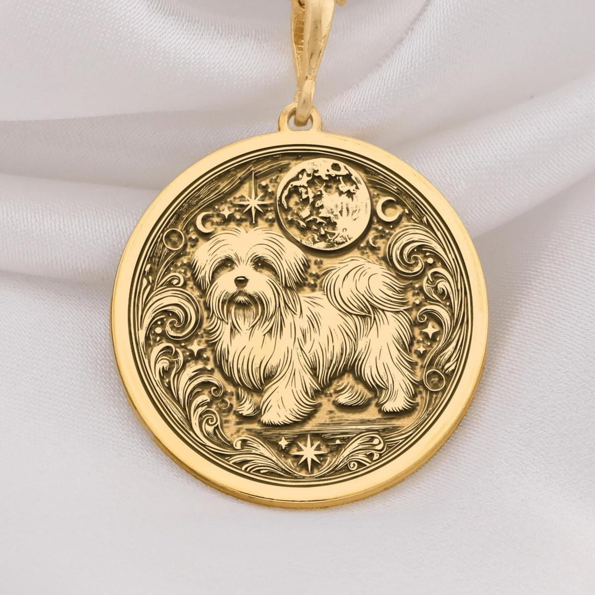 Elegant 14K Solid Gold Maltese dog pendant, featuring a fluffy pup under the moon and stars. A meaningful gold pet lover necklace symbolizing loyalty, charm, and celestial companionship.