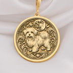 Elegant 14K Solid Gold Maltese dog pendant, featuring a fluffy pup under the moon and stars. A meaningful gold pet lover necklace symbolizing loyalty, charm, and celestial companionship.
