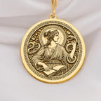 14K Gold Greek Goddess Metis Necklace featuring a detailed mythology inspired pendant. Perfect for mythology lovers, elegant jewelry collectors, or as a unique gift for women. Handmade with premium craftsmanship and timeless style.