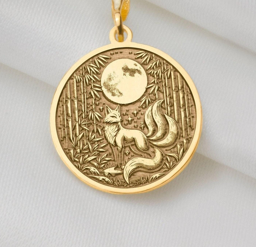 Kitsune Fox Spirit Animal Charm Pendant Necklaces 14K 14K Gold Plated pendant necklace featuring a stylized fox moon design with foliage.