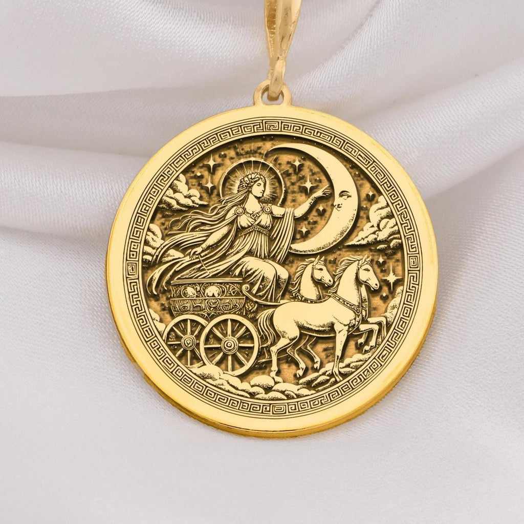 Selene Necklace crafted in 14K Gold featuring the Greek Moon Goddess medallion design. Perfect celestial jewelry gift for mythology lovers and astrology enthusiasts. Ideal for birthdays, anniversaries, or special occasions.