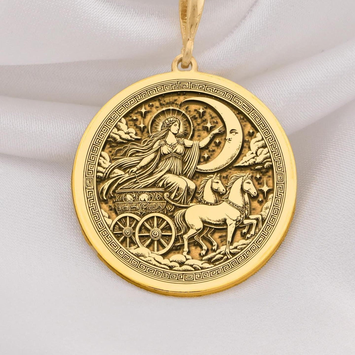 Selene Necklace crafted in 14K Gold featuring the Greek Moon Goddess medallion design. Perfect celestial jewelry gift for mythology lovers and astrology enthusiasts. Ideal for birthdays, anniversaries, or special occasions.