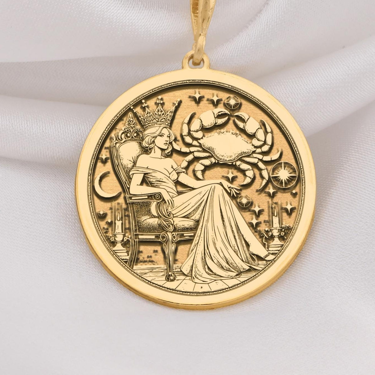 Cancer Zodiac Queen Medallion Pendants 14K 14K Gold Plated pendant featuring a seated classical female figure design on a circular frame.