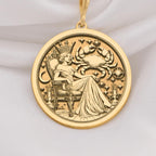 14K Solid Gold Cancer Zodiac Queen Medallion featuring royal Cancer constellation with crab symbol and celestial elements. astrology talisman with Cancer goddess and starlit backdrop. Luxury Cancer zodiac jewelry symbolizing royal protection.