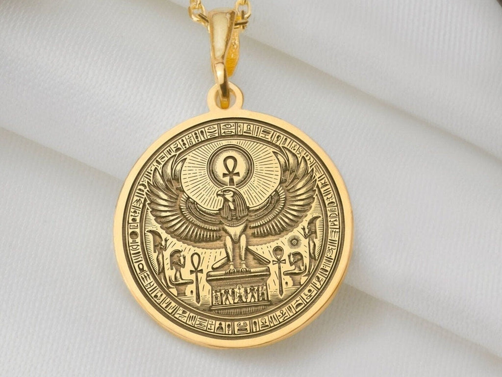 14K Solid Gold Horus Charm Necklace, Horus Silver Pendant, Rose Gold Horus Necklace, Egyptian Jewelry, Falcon Medallion, Eye Of Horus Charm