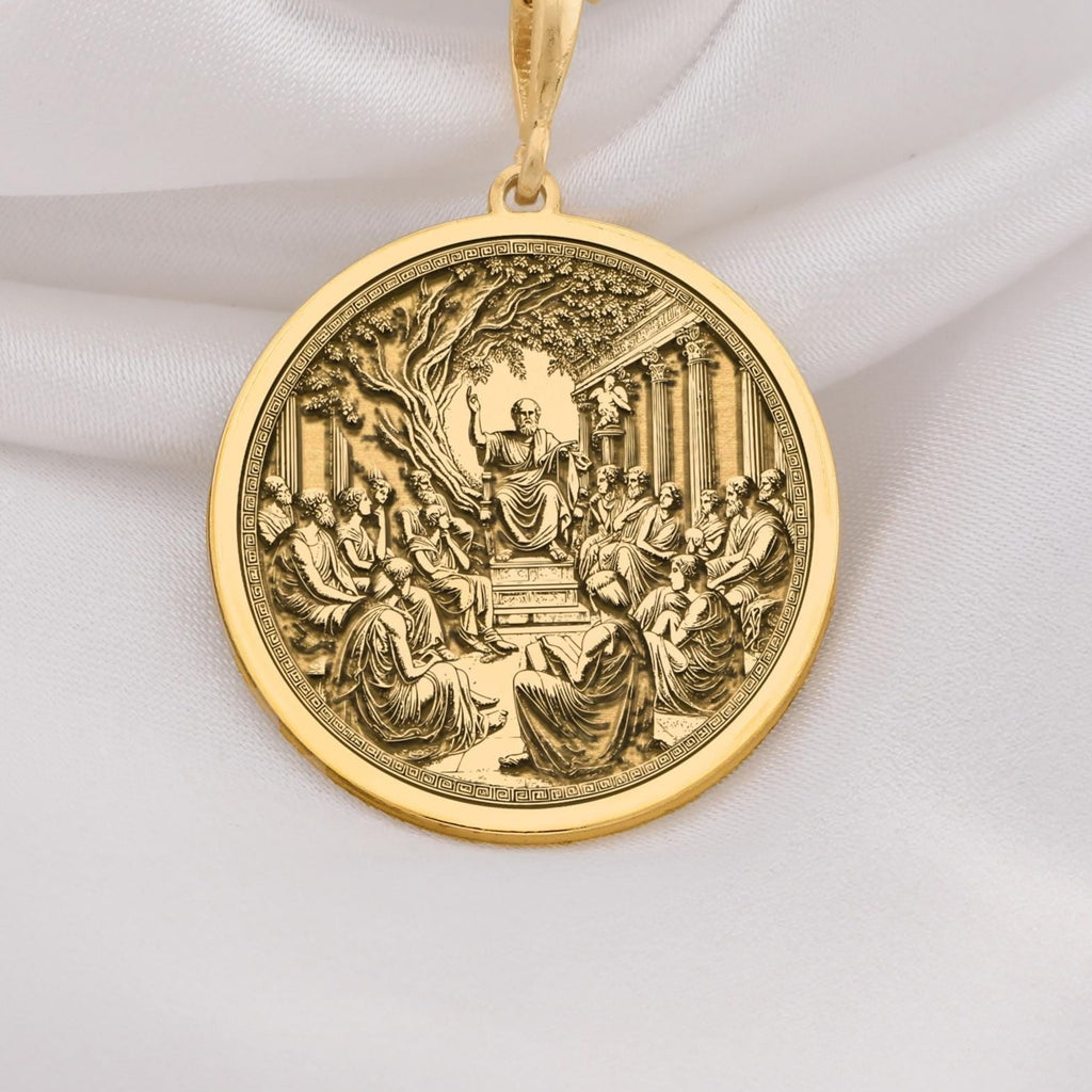 14K Solid Gold Plato Medallion featuring the philosopher teaching at his Academy. Ancient wisdom coin with detailed classical columns, olive tree, and gathered students. Luxury philosophical jewelry gift symbolizing higher knowledge and tradition.