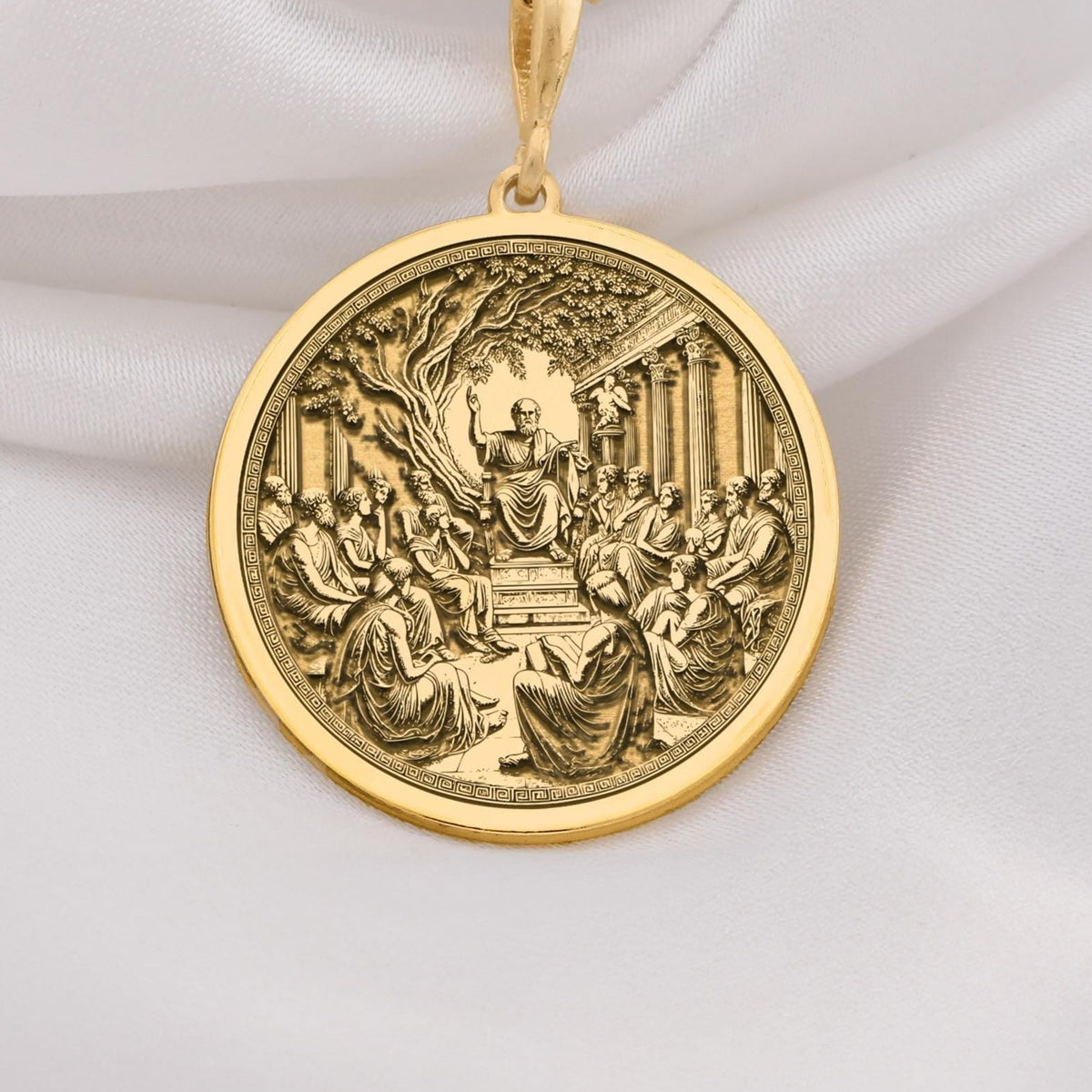 14K Solid Gold Plato Medallion featuring the philosopher teaching at his Academy. Ancient wisdom coin with detailed classical columns, olive tree, and gathered students. Luxury philosophical jewelry gift symbolizing higher knowledge and tradition.