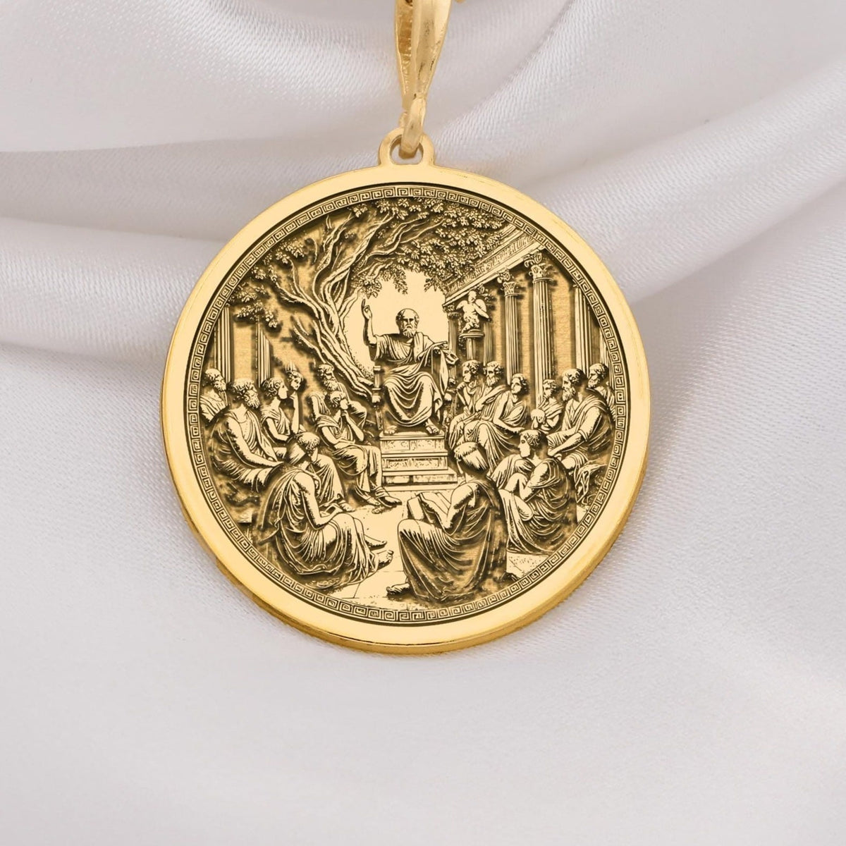 14K Solid Gold Plato Medallion featuring the philosopher teaching at his Academy. Ancient wisdom coin with detailed classical columns, olive tree, and gathered students. Luxury philosophical jewelry gift symbolizing higher knowledge and tradition.