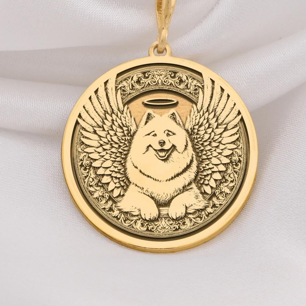 14K Solid Gold Samoyed Angel Dog Medallion featuring beloved arctic breed with heavenly wings and halo. Detailed memorial talisman with fluffy white coat, smiling expression and ornate decorative border. Luxury Samoyed memorial jewelry gift.