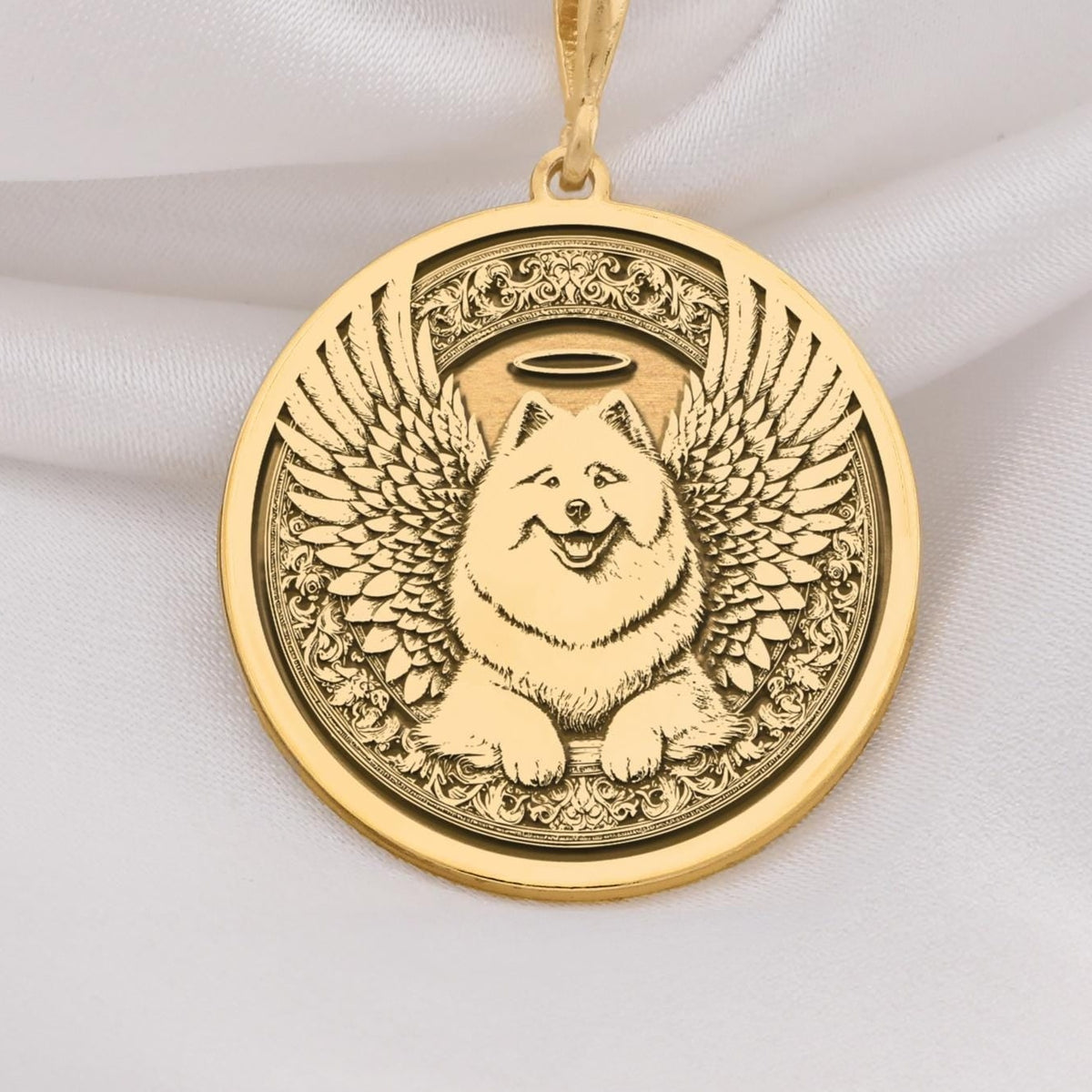 14K Solid Gold Samoyed Angel Dog Medallion featuring beloved arctic breed with heavenly wings and halo. Detailed memorial talisman with fluffy white coat, smiling expression and ornate decorative border. Luxury Samoyed memorial jewelry gift.