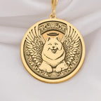 14K Solid Gold Samoyed Angel Dog Medallion featuring beloved arctic breed with heavenly wings and halo. Detailed memorial talisman with fluffy white coat, smiling expression and ornate decorative border. Luxury Samoyed memorial jewelry gift.