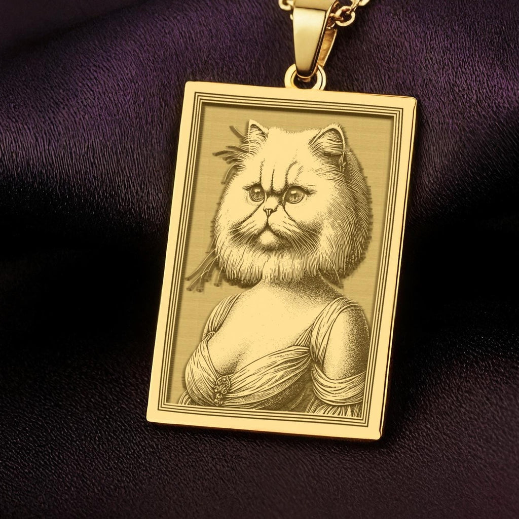 14K Solid Gold Persian Cat necklace from The Ancestors Collection, featuring an engraved portrait of a noble cat duchess on a dark purple satin background.