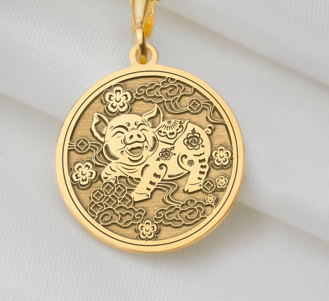 14K Solid Gold Piglet Charm Necklace, Pig Silver Pendant, Rose Gold Piggy Necklace, Chinese Jewelry, Zodiac Medallion, Animal Lover Charm