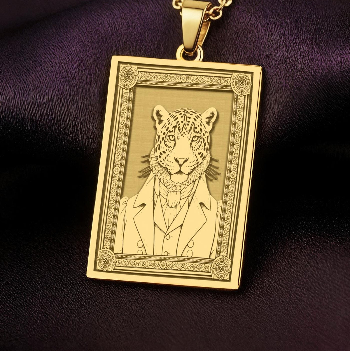 An heirloom quality 14K solid gold rectangular pendant engraved with a majestic jaguar. This fine jewelry piece from the Fable Character collection is inspired by Mesoamerican mythology.
