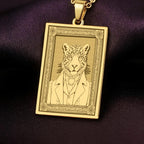 An heirloom quality 14K solid gold rectangular pendant engraved with a majestic jaguar. This fine jewelry piece from the Fable Character collection is inspired by Mesoamerican mythology.