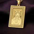 An heirloom quality 14K solid gold rectangular pendant engraved with a majestic jaguar. This fine jewelry piece from the Fable Character collection is inspired by Mesoamerican mythology.