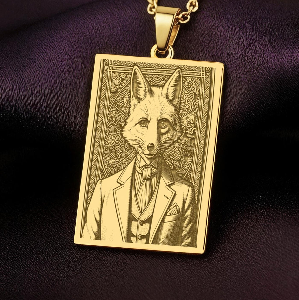 A handmade 14K gold plated rectangular necklace with a highly detailed engraving of a Victorian fox. The anthropomorphic art shows a cunning gentleman fox in a dapper suit from the Victorian Pet collection.