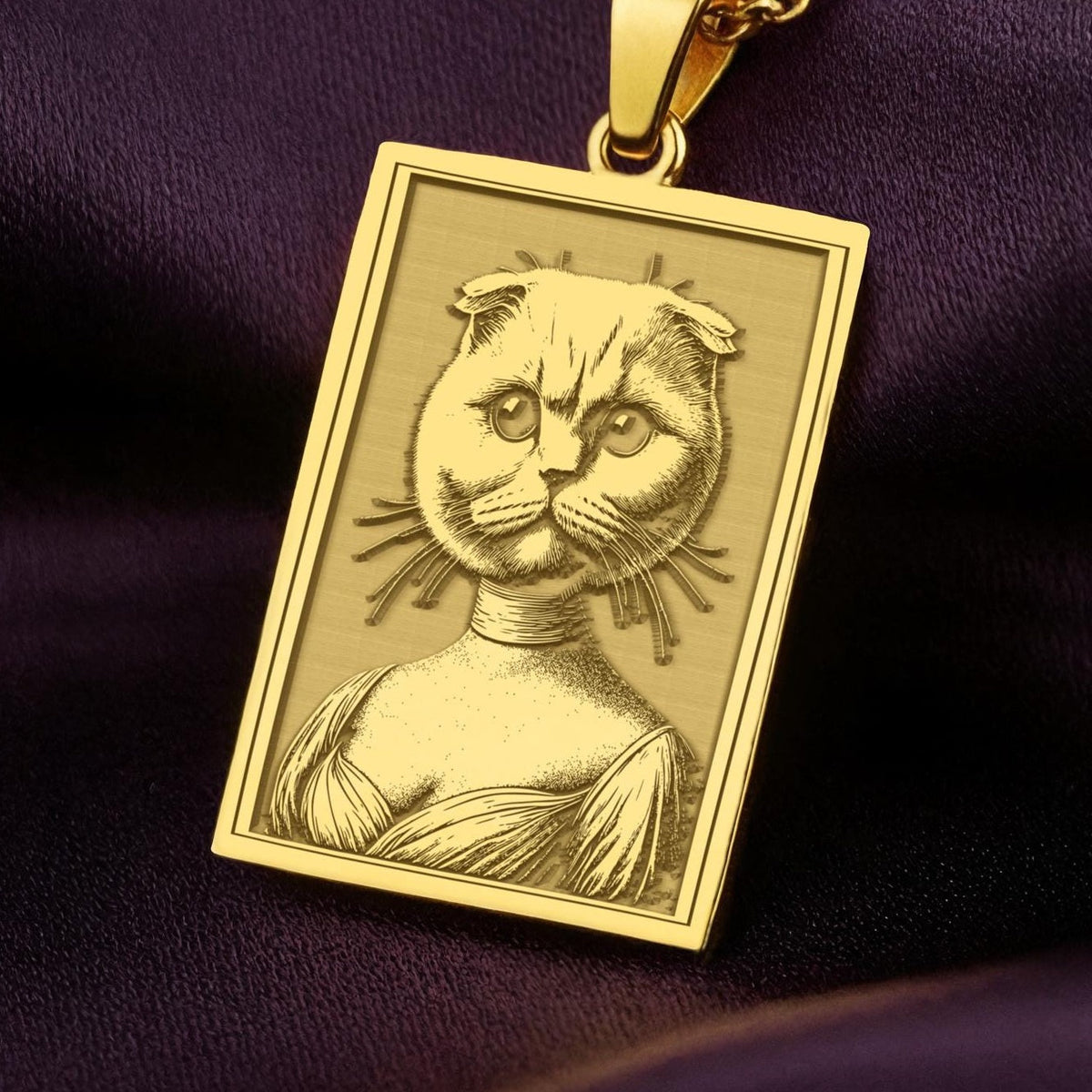 Product photo of a 14K Solid Gold Scottish Fold necklace from the 'Victorian Pet Collection'. The engraved cat is portrayed as a noble lady in a Regency-style dress.
