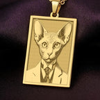A rectangular 14K gold plated pendant necklace with a detailed laser engraving of a Sphynx cat wearing a Victorian suit and tie.