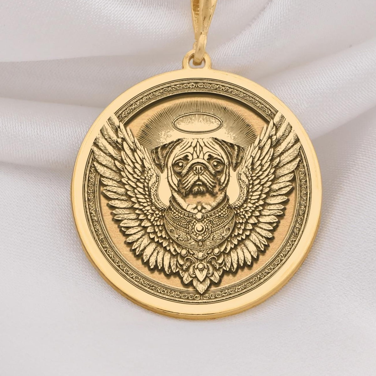 14K Solid Gold Pug Angel Dog Medallion featuring beloved small breed with heavenly wings and halo. Detailed memorial talisman with characteristic wrinkled face, compact body and ornate decorative border. Luxury Pug memorial jewelry gift.
