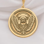 14K Solid Gold Pug Angel Dog Medallion featuring beloved small breed with heavenly wings and halo. Detailed memorial talisman with characteristic wrinkled face, compact body and ornate decorative border. Luxury Pug memorial jewelry gift.