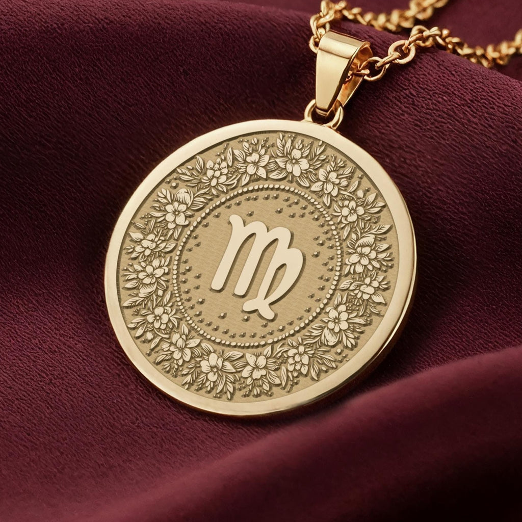 14K Solid Gold Virgo Zodiac Medallion featuring the graceful maiden symbol surrounded by an intricate floral wreath. Detailed horoscope coin pendant. Luxury astrology jewelry representing Virgo's meticulous and analytical nature.