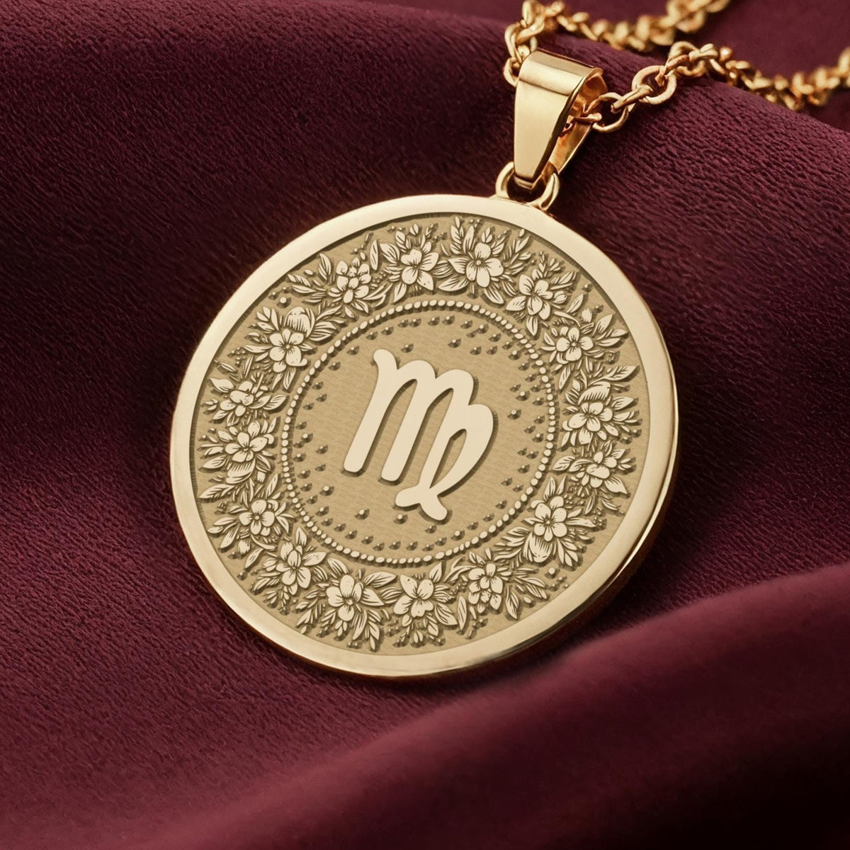 14K Solid Gold Virgo Zodiac Medallion featuring the graceful maiden symbol surrounded by an intricate floral wreath. Detailed horoscope coin pendant. Luxury astrology jewelry representing Virgo's meticulous and analytical nature.