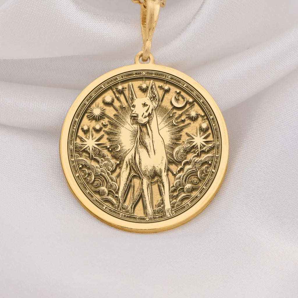 Doberman Pinscher Guardian Dog Pendant Necklaces 14K 14K Gold Plated winged lion pendant with sunburst design necklace