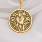 14K Solid Gold Doberman Pinscher Medallion featuring noble guardian breed with celestial rays and stars. Protective dog talisman with elegant silhouette and symbolic elements. Luxury pet memorial jewelry gift for Doberman enthusiasts.